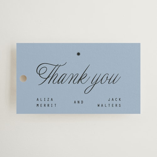This is a sky wedding favor tags with standard by Blustery August called cheers printing on signature in tag