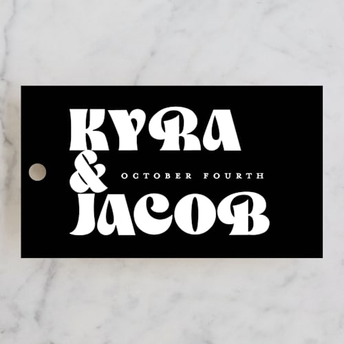 This is a onyx wedding favor tags with standard by Up Up Creative called boba printing on signature in tag
