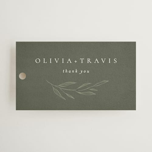 This is a moss wedding favor tags with standard by Kelly Schmidt called leaves printing on signature in tag