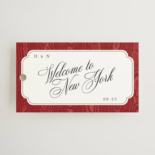 This is a crimson wedding favor tags with standard by Studio Suku called moiré printing on signature in tag