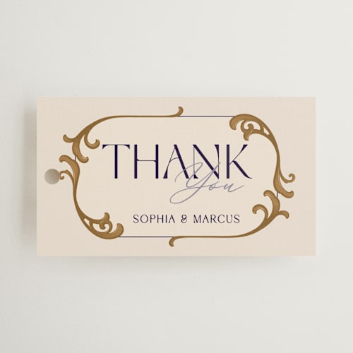 This is a cerulean wedding favor tags with standard by GeekInk Design called gilded printing on signature in tag