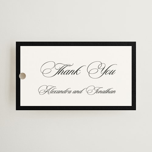 This is a ink wedding favor tags with standard by That Girl Press called black tie printing on signature in tag