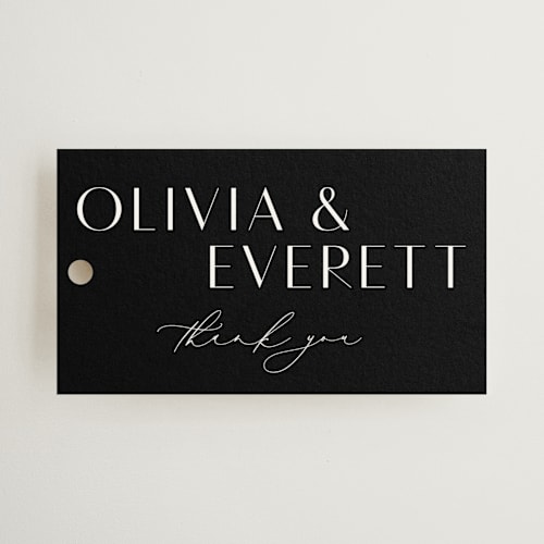 This is a onyx wedding favor tags with standard by Emily Betts called modern classic names printing on signature in tag