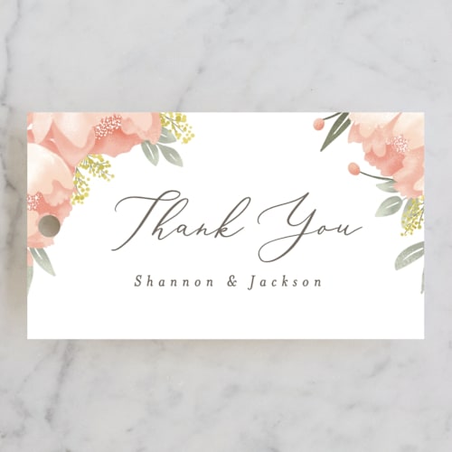 This is a peach wedding favor tags with standard by Joanna Griffin called peony wreath printing on signature in tag