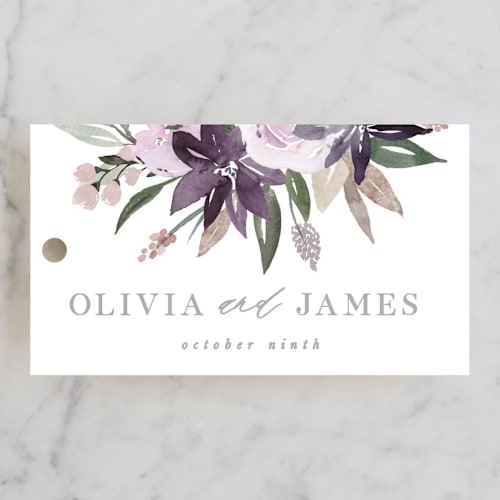 This is a lilac wedding favor tags with standard by Creo Study called garden stroll printing on signature in tag