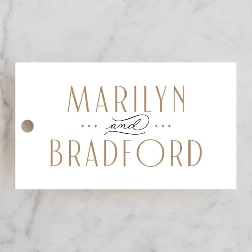 This is a black tie wedding favor tags with standard by Hooray Creative called encapsulated printing on signature in tag