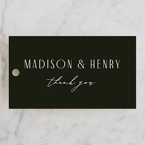 This is a moss wedding favor tags with standard by Nicoletta Savod called verdant printing on signature in tag