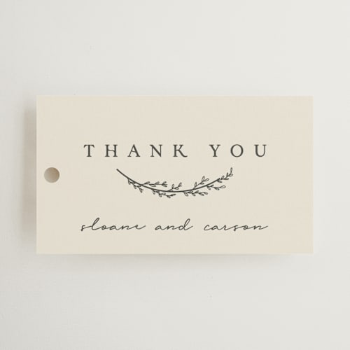 This is a almond wedding favor tags with standard by Brianne Larsen called branched printing on signature in tag