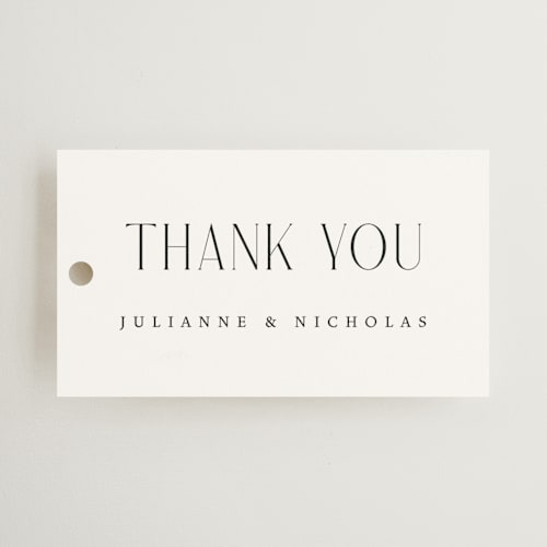This is a snow wedding favor tags with standard by Katherine Moynagh called bold elegance printing on signature in tag