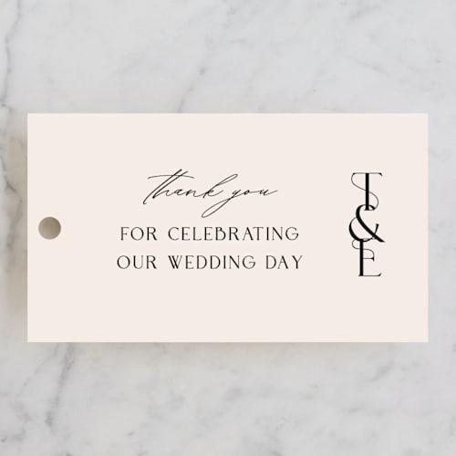 This is a charcoal wedding favor tags with standard by Claudia Orengo called engraved printing on signature in tag