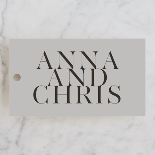 This is a dove gray wedding favor tags with standard by Up Up Creative called show printing on signature in tag