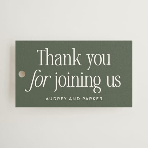 This is a forest wedding favor tags with standard by Jackie Crawford called highlights printing on signature in tag
