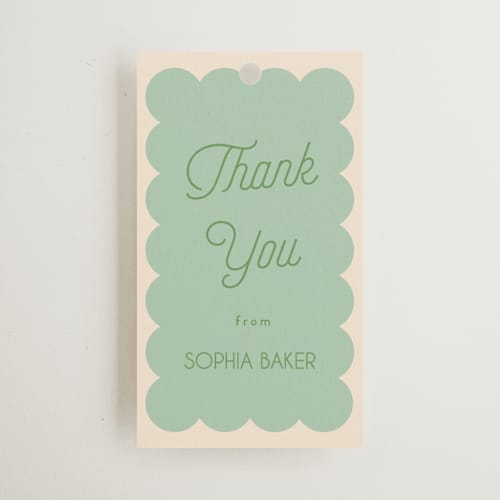 This is a seafoam wedding favor tags with standard by Morgan Kendall called scallop printing on signature in tag