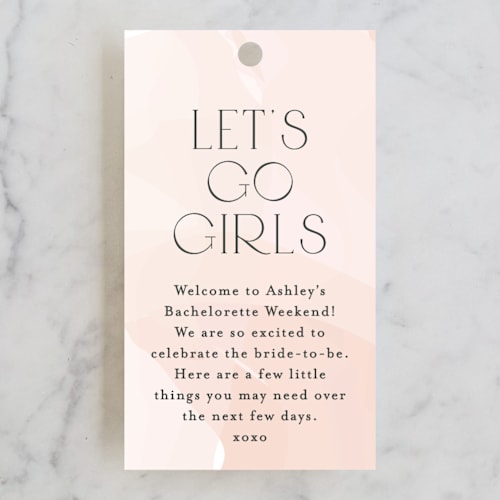 This is a blush wedding favor tags with standard by Jennifer Postorino called rose the day away printing on signature in tag