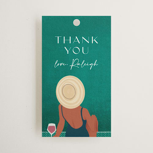 This is a jade wedding favor tags with standard by Jenna Holcomb called getaway printing on signature in tag