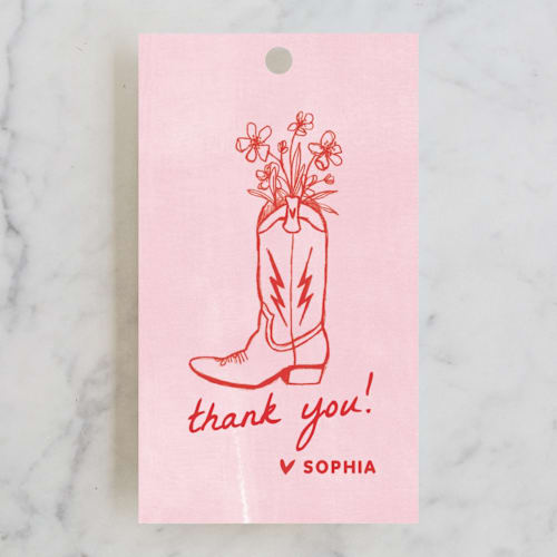 This is a strawberry wedding favor tags with standard by Erin Kessler called party boots printing on signature in tag