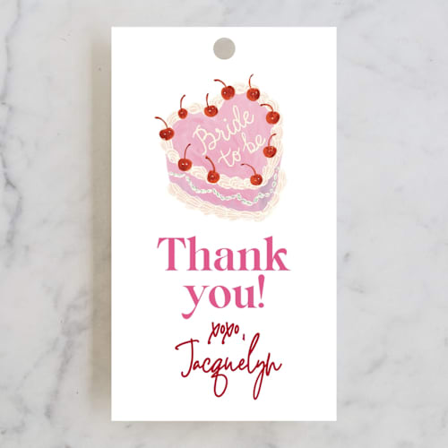 This is a rosebud wedding favor tags with standard by Cass Loh called vintage cake printing on signature in tag