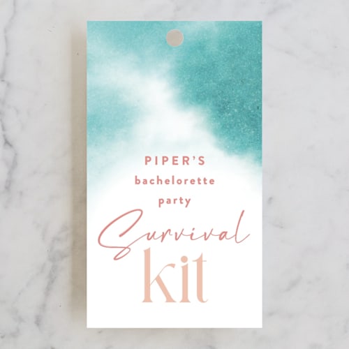 This is a turquoise wedding favor tags with standard by Kate Ahn called dip dye printing on signature in tag