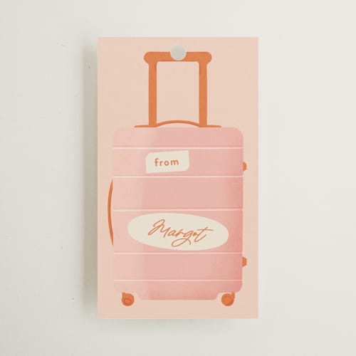 This is a blush wedding favor tags with standard by Gwen Bedat called boarding printing on signature in tag