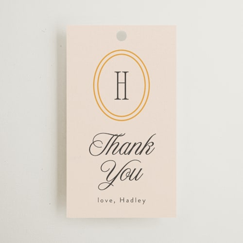 This is a almond wedding favor tags with standard by Melanie Kosuge called coast printing on signature in tag