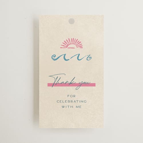 This is a guava wedding favor tags with standard by Pixel and Hank called coastal drift printing on signature in tag