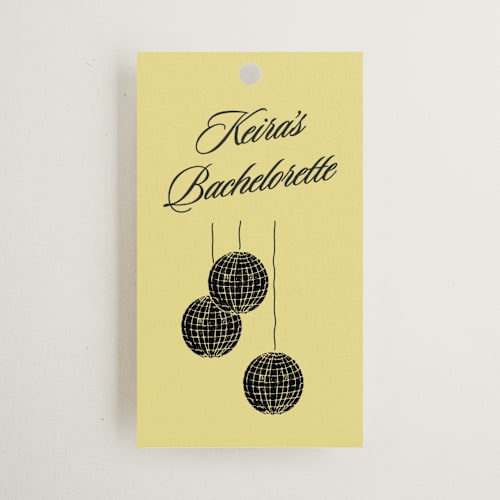 This is a butter wedding favor tags with standard by Inkblot Design called cocktails and convos printing on signature in tag