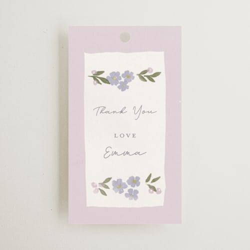 This is a lilac gift tags with standard by Rebecca Durflinger called pretty little floral printing on signature in tag