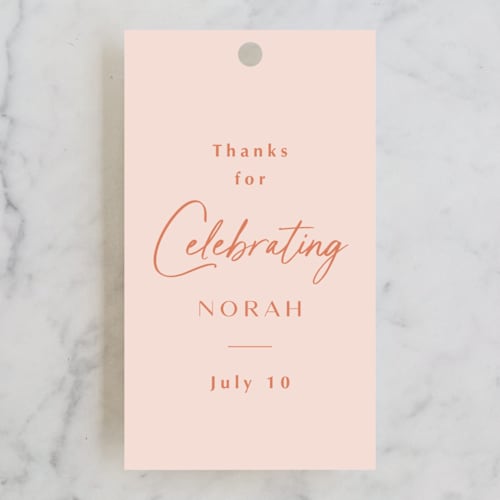 This is a peach gift tags with standard by Ana Sharpe called modern script printing on signature in tag
