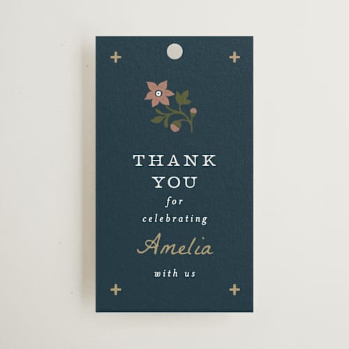 This is a cobalt gift tags with standard by Alethea and Ruth called floral grid border printing on signature in tag