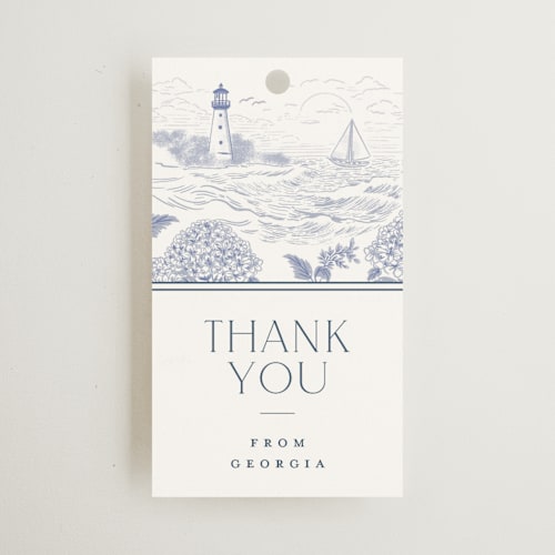 This is a periwinkle gift tags with standard by Jenna Holcomb called coastal toile printing on signature in tag