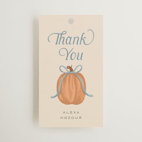 This is a cornflower gift tags with standard by Laura Hankins called pumpkins + bows printing on signature in tag