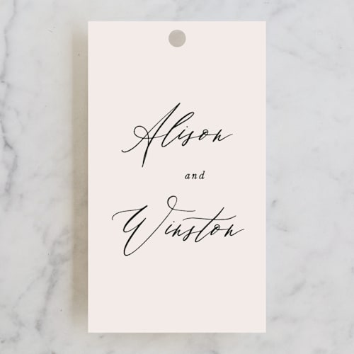 This is a taupe wedding favor tags with standard by Leah Bisch called timeless printing on signature in tag