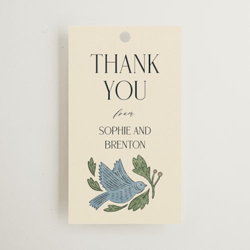 This is a bluebird wedding favor tags with standard by Jen Owens called birdies printing on signature in tag