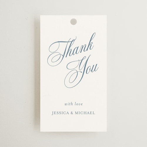This is a dusty blue wedding favor tags with standard by Jennifer Postorino called empire printing on signature in tag