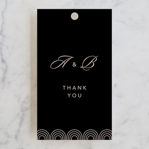 This is a latte wedding favor tags with standard by FRANI called initials circle arch printing on signature in tag