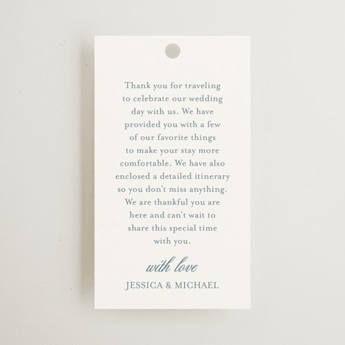 This is a dusty blue wedding favor tags with standard by Jennifer Postorino called empire printing on signature in tag