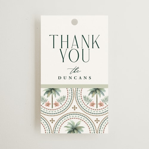 This is a sand wedding favor tags with standard by Maria Alou called vintage palms printing on signature in tag