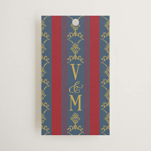 This is a navy wedding favor tags with standard by Baumbirdy called woven printing on signature in tag