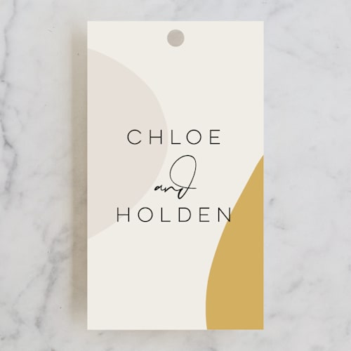 This is a mustard wedding favor tags with standard by Morgan Kendall called organic shapes printing on signature in tag