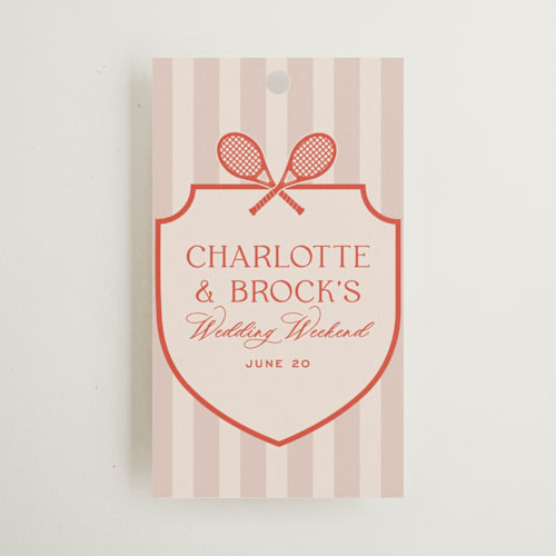 This is a verona sunset wedding favor tags with standard by Megan Davis called racquet printing on signature in tag