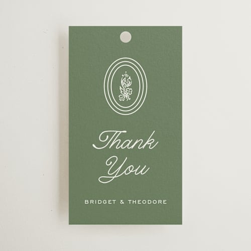 This is a leaf wedding favor tags with standard by Kate Ahn called court printing on signature in tag