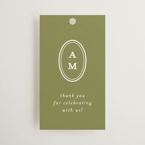 This is a olive wedding favor tags with standard by Ellen Schlegelmilch called museo printing on signature in tag