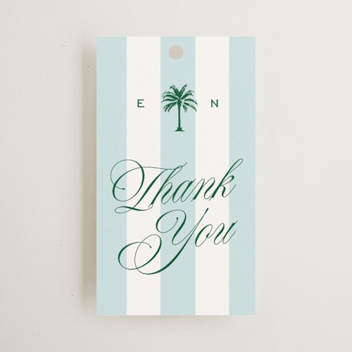 This is a low tide wedding favor tags with standard by Susan Zinader called island palm printing on signature in tag