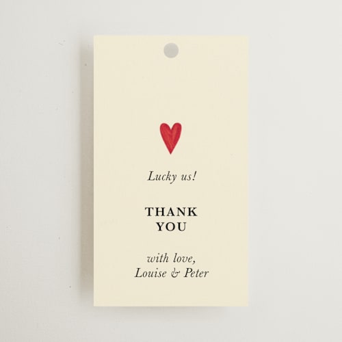 This is a champagne wedding favor tags with standard by Helena Vitto called red hearts printing on signature in tag