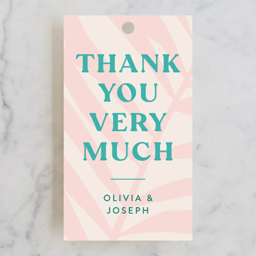 This is a flamingo wedding favor tags with standard by Pixel and Hank called the palm printing on signature in tag