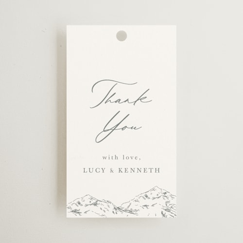 This is a pewter wedding favor tags with standard by Sarah Brown called mountainview printing on signature in tag