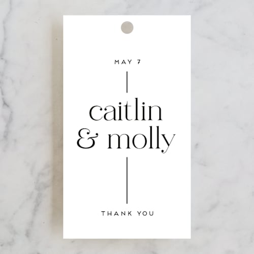 This is a black tie wedding favor tags with standard by Amy Payne called split line printing on signature in tag