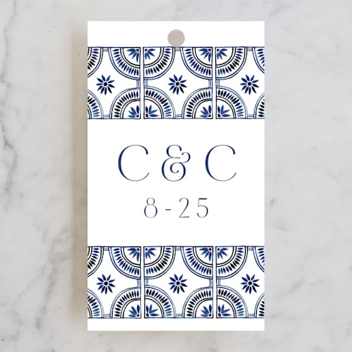 This is a cobalt wedding favor tags with standard by Katharine Watson called watercolor tile printing on signature in tag