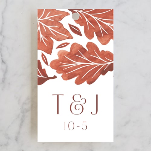 This is a copper wedding favor tags with standard by Katharine Watson called watercolor fallen leaves printing on signature in tag