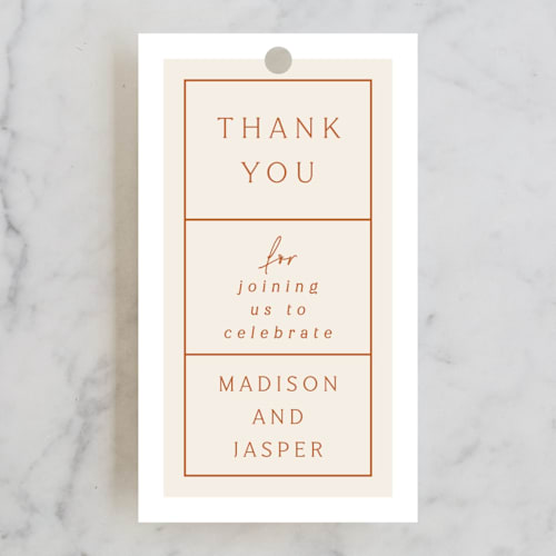 This is a rust wedding favor tags with standard by Alethea and Ruth called modern ticket printing on signature in tag
